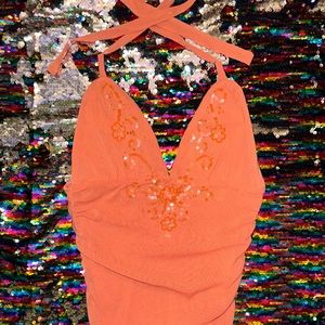 Ruched embroidered tie up halter top